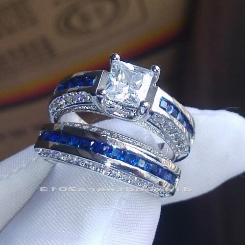 Professional wholesale Size 5-100 Luxury Trendy Jewelry 10kt white gold filled blue AAA CZ Simulated stones Wedding Ring set