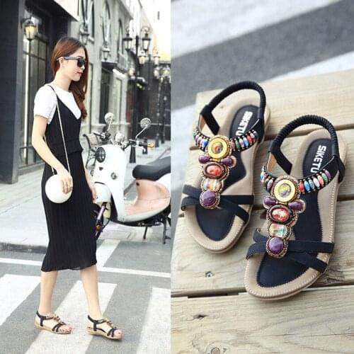 Summer 2021 ethnic fashion sandals women cross-border beach beaded retro large size flat sandals