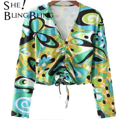 SheBlingBling Print Spring Summer Drawstring Tie Front V Neck Long Sleeve Slim Women Tees Casual T-Shirts Female Chic Crop Tops