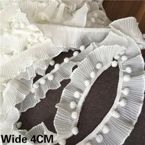 4CM Wide Luxury White Ruffle Chiffon Lace Farbic Pompom Trim Collar Neckline Embroidery Ribbon Applique Guipure Sewing Supplies