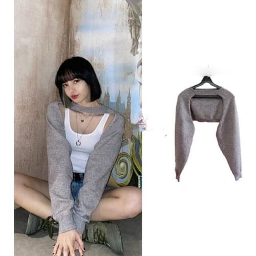 Kpop Korean Celebrity Dance Show Round Neck Halter Long-Sleeved Sweater Women Nightclub Sexy Hollow Short Solid Color Sweaters