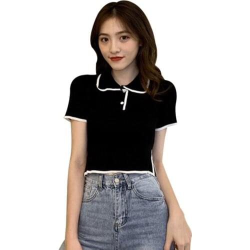 Woman Turn-down Collar Short Sleeve Button Top t-shirts Casual slim T shirt Knit Solid Color