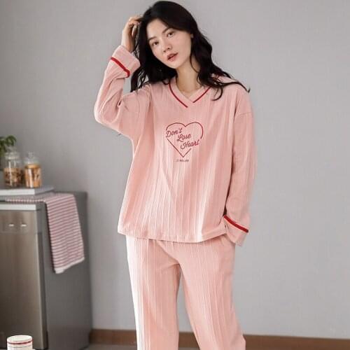 Women Autumn Winter Korean Sweet Pink Long Sleeve Trousers Pajamas Set Kawaii Love Letters Pattern Womens Warm Cotton Sleepwear