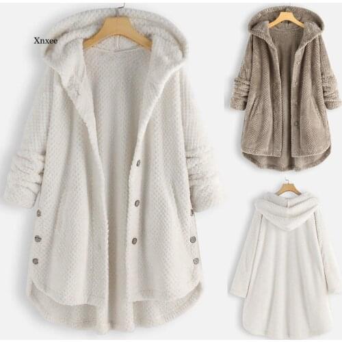 Women Fleece Hooded Coat Irregular Long Sleeve Button Pocket Plus Size Autumn Winter Tracksuit Women Girls Oversize Clothing