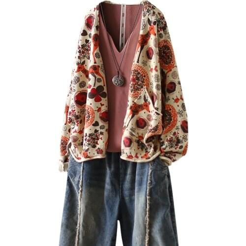 Harajuku Mori Girl Bohemian Ethnic Printed Loose Cardgian Sweater Ladies Casual Knit Cardigan Coat Fall Sweaters for Women Coat