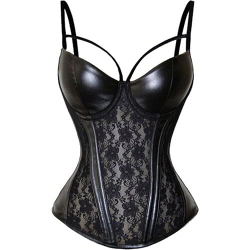 Black Gothic Clothing Womens Slimming Waist Trainer Corset Body Shaper Sexy Sheer Floral Lace Leather Corsets And Bustiers