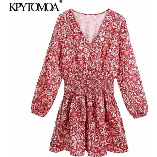 KPYTOMOA Women 2021 Fashion Floral Print Ruffled Mini Dress Vintage Long Sleeve Elastic Waist Female Dresses Vestidos Mujer