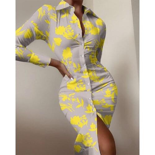 2021 New Long Sleeve Shirt Dress Women Autumn Lapel Single-breasted Printed Bodycon Long Dress Casual Club Sexy Dresses Female