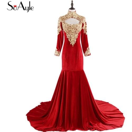 SoAyle Mermaid Red Evening Dresses Backless Gold Lace Crystals Dress Open Back Velvet Vestidos De Festa Yousef 2017 Arabia Style