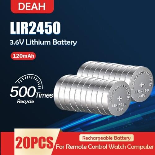 20PCS LIR2450 3.6V 120mAh Rechargeable Lithium Battery For Wireless Switch Replace CR2450 DL2450 ECR2450 KCR2450 Button Cell