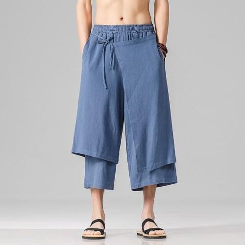 2021 Men Wide Leg Pants Mens Cotton Joggers Retro Loose Trousers Man Chinese Style Linen Pant Male Crotch Nepal Robe Pants 30216