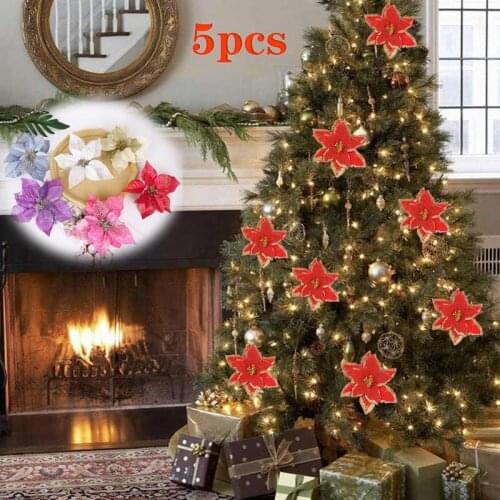 2021 Christmas Tree Decorations Christmas Artificial Flowers High Quality Real Touch Glitter Fake Flowers Xmas Gift Ornament