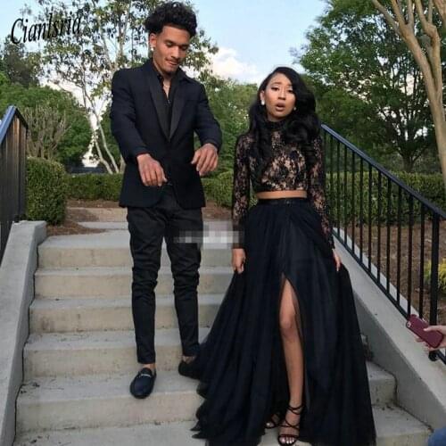 Two Piece Black Prom Dresses with Lace Long Sleeve A-Line Tulle Side Split Evening Party Gowns
