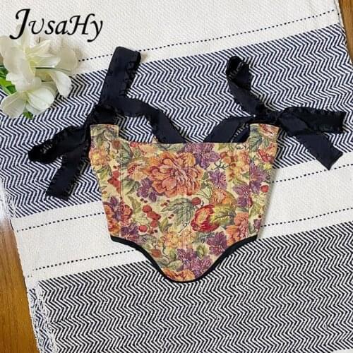 JusaHy Y2K Summer Womens Retro Camisole Sling Flower Embroidery Print Crop Top Popular Palace Style Party Club Clothing Hot