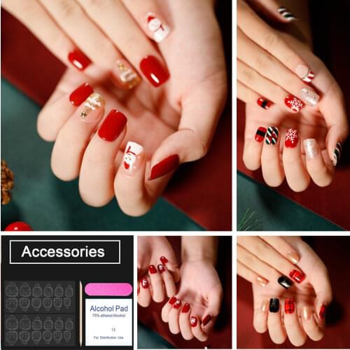 Buy 2 Boxes to Save Shipping Fee) 24pcs/box Christmas Style Press on Nail Tips Full Cover Short Square Shape With Nail Adhesive