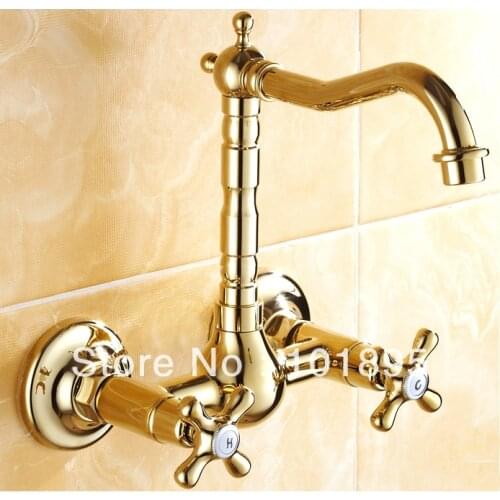 L16503 - Luxury Wall Mounted Gold Color Brass Double Lever Kitchen Faucet