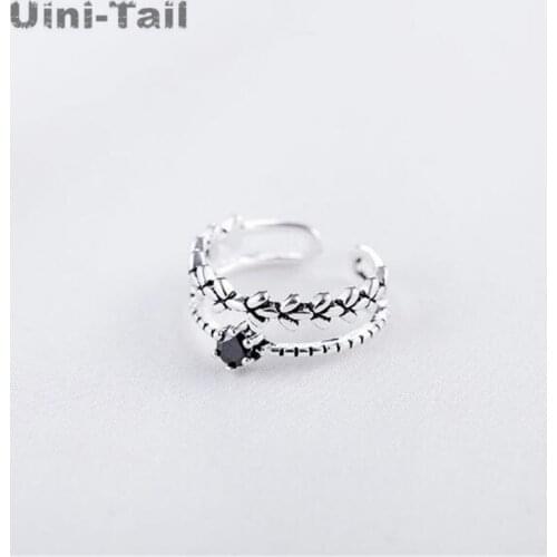 Uini-Tail hot new 925 sterling silver creative obsidian leaf ring Korea simple fashion dynamic high quality ring GN483