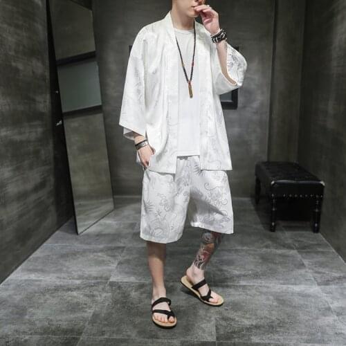 M-5XL Plus Size Men Retro Japanese Style Mens Wear Two-piece Set Summer Dragon Printing 3/4 Sleeved Kimono Shirt Shorts Sets