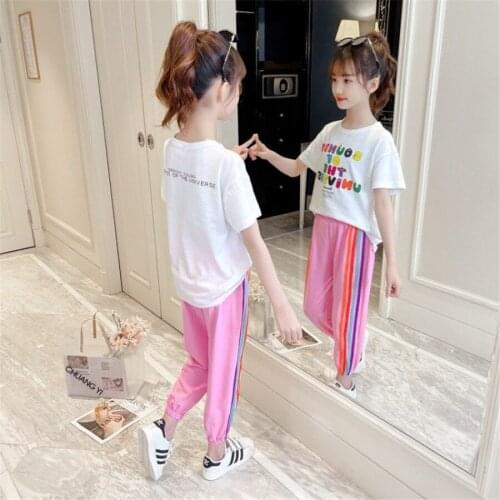 New summer Girls Clothing Suits Pullover Kids Colored Cotton Sweatshirt Tracksuit Sport Suits Outwear Pants 3-12Y