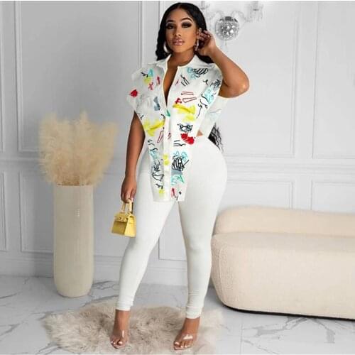 TNNAOFF New Popular Two Pieces Set for Women Print Hanging Shoulder Hollow Shirt tops Sexy Sweatpans Lounge Wear Matching Sets