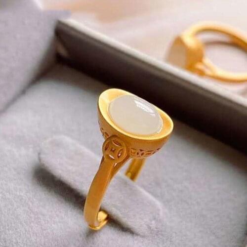 New Silver Inlaid Natural Hetian White Jade Small Ingot Ring Chinese Style Retro Palace Opening Adjustable Womens