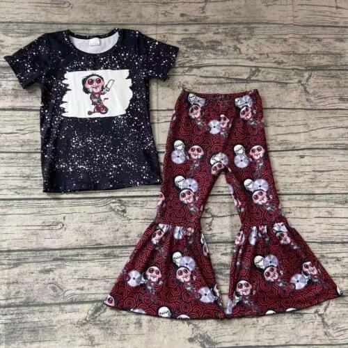 Fall/Autumn Baby Girls Halloween Set Masked Male Holding a Saw Pattern Shirt Bell-bottoms Pants Set