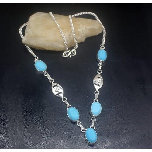 Gemstonefactory Jewelry Big Promotion 925 Silver Fantasy Fashion Blue Agate Ladies Women Chain Necklace 38cm 202101667