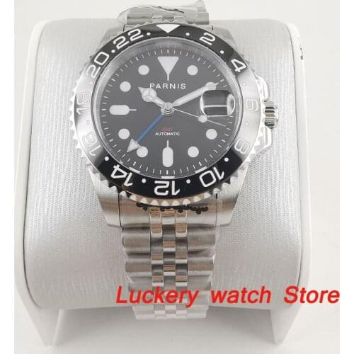 Parnis 40mm black dial blue GMT luminous marks Black Ceramic Bezel sapphire glass automatic Mens Watch-PA82