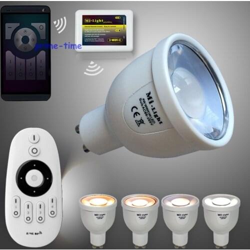 Mi.light 4-Zone RF Wireless Remote + 4pcs 2.4G GU10 6W CCT Dual White LED Bulb Color Temperature Adjustable + WiFi Adapter