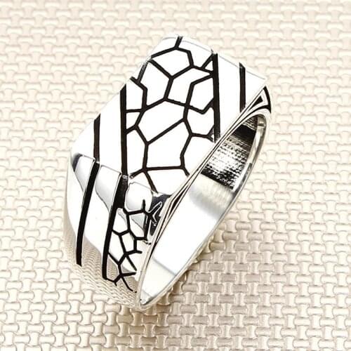 Sterling Silver Symmetric Patterned Ring Handmade Vintage Striped Ring For Men Made in Turkey
