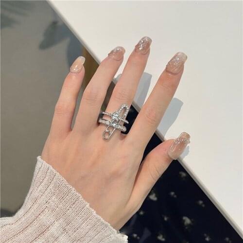 Light luxury Fashion Exquisite Set Auger Double Metal Adjustable Ring Finger Ring Women