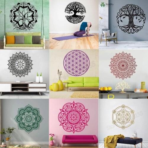 Vinyl Wall Stickers Mandala Flower Tree Of Life Decals Wallpaper for Living Room Muslim Pattern Flower Yoga Decor Mural HY9993