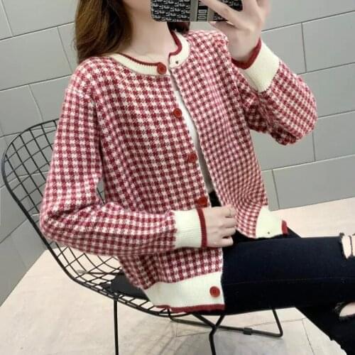 Women Plaid O-Neck Knit Cardigans New Loose Long Sleeve Knitwear Jacket Korean Retro Student Sweater Coat Ladies Work Outwear XL