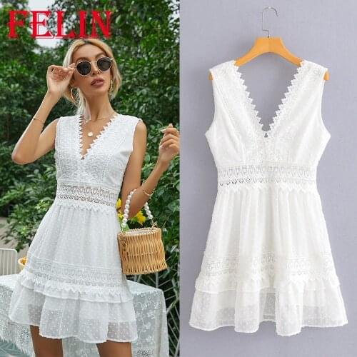FELIN Za Summer Sexy Party Women Dress White Backless V Neck Mini Tank Dress Sleeveless Lace Chiffon 2021 Evening Dress Vestidos