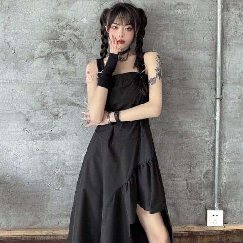 Korean Summer Harajuku Diablo Style Punk Girl Sling Women Dress Vintage Spaghetti Strap Bandage Irregular Black Dresses Vestidos