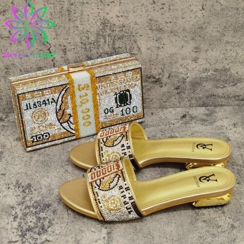 2021 Mature Style Pointed Toe Comfortable Heels Italian Women Shoes and Bag Set in Golden Color for Wedding Party