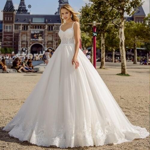 Alonlivn Sexy Spaghetti Straps A-Line Wedding Dresses And Beadings Crystals Appliques Lace Up Sleeveless Bride Gowns