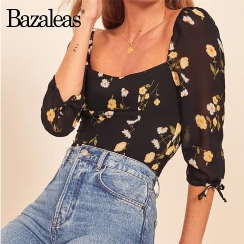 Bazaleas 2020 Fashion Half Sleeve Slim blusas Vintage Yellow Floral Print womens tops and blouse Chic blusa feminina