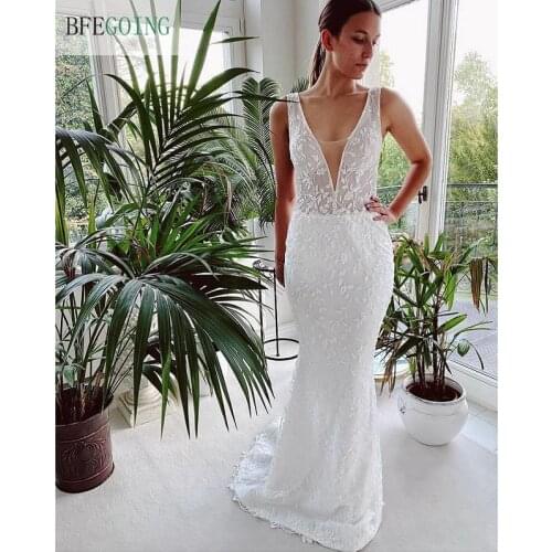 White Lace Beading Tulle V-Neck Floor-Length Mermaid Trumpet Wedding Dresses Chapel Train Custom Made