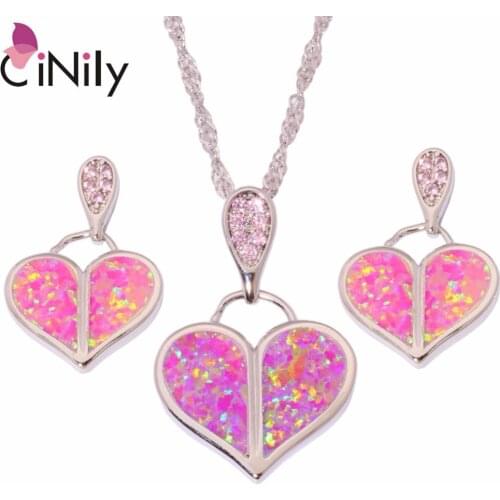 CiNily Hot Pink Fire Opal Love Jewelry Set Silver Plated Heart Necklaces & Pendants & Drop Earrings Best Gifts for Girl Woman