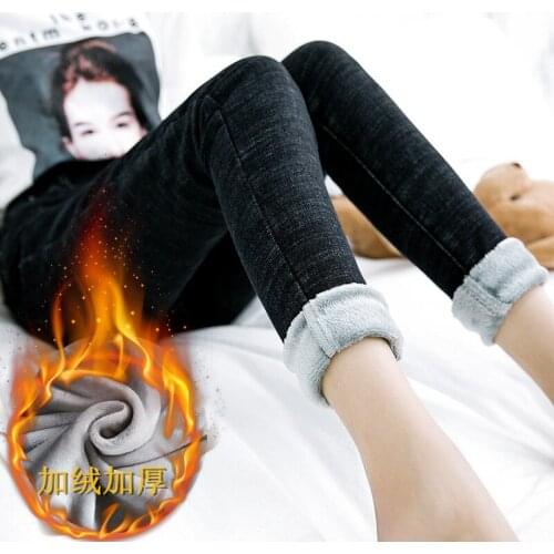 Women Zipper Denim Jeans Pencil Pants Ladies Casual High Waist Warm Plush Trousers Elasticity Pocket Skinny Straight Pants