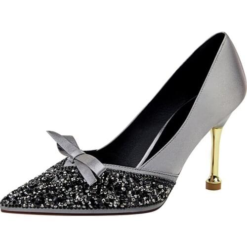 Elegant Banquet Metal With Stiletto High Heel Satin Shallow Mouth Pointed Sequins Rhinestone Bow Shoes