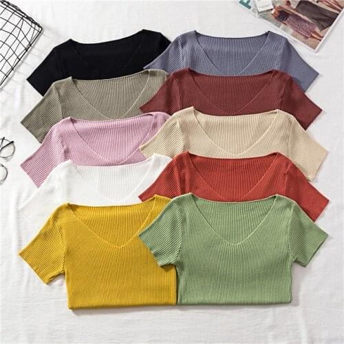 Short Sleeve T-shirts Casual Crop Top Women Female Korean White Clothing V-Neck Pink Black Knitted Blouses For Girls Streetwear