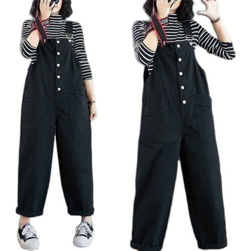 Black Literary Denim Bib Women 2021 Slim Korean Pants Jeans Loose Harem Overalls Student Jumpsuit Trousers Streetwear