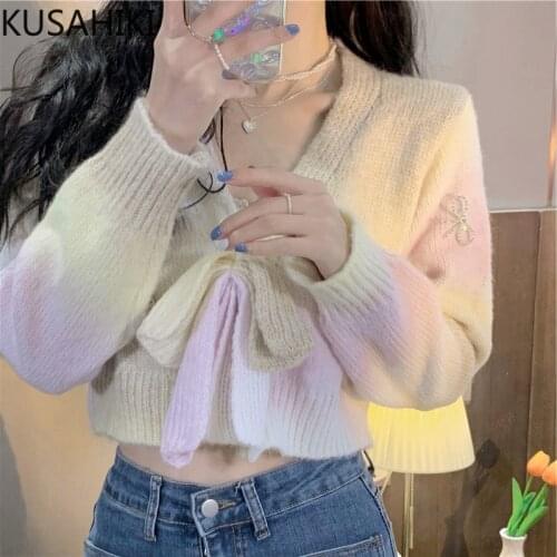 KUSAHIKI Sweet Bowknot Short Sweater Coat Korean Long Sleeve V-neck Knit Cardigan Autumn Winter 2021 New Chic Knitwear 6Z963