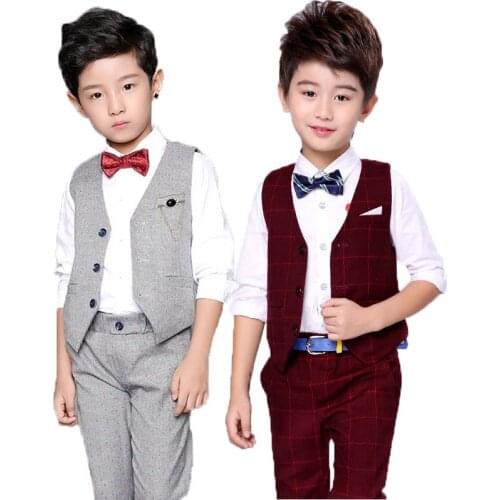 Flower Boys Formal Tuxedo Suit Vest +Pants 2Pcs Clothing Set Children Wedding Dress Kids Piano Prom Performance Birthday Costume