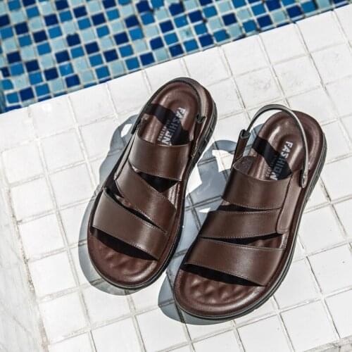 Size 38-44 Mens Sandals Or Slippers Genuine Cow Leather Summer Male Shoes Slip-On Casualcomfortable Soft Beach Footwear HC54