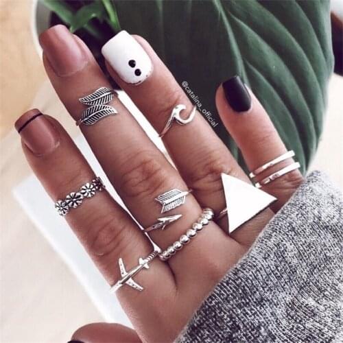 9 Pcs/set Bohemian Airplane Silver Triangle Arrow Wave Flower Silver Ring Set lady Vintage Charm Ring Fashion Beach Party Gift
