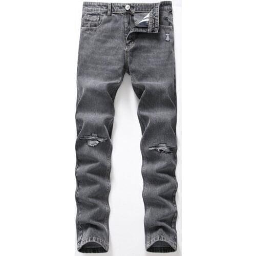 New Men Gray Jeans Pants Fashion Men Slim Jeans Zipper Straight Denim Pants Gentleman Hole Trousers