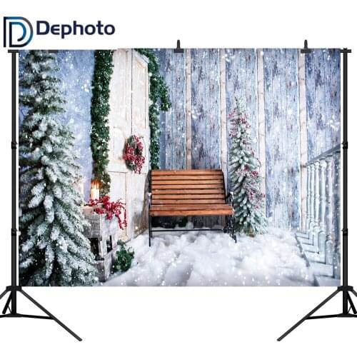 DePhoto Photography Backdrop Snow Bench Christmas Tree Party Children New Background Photocall Customize Photo Printed